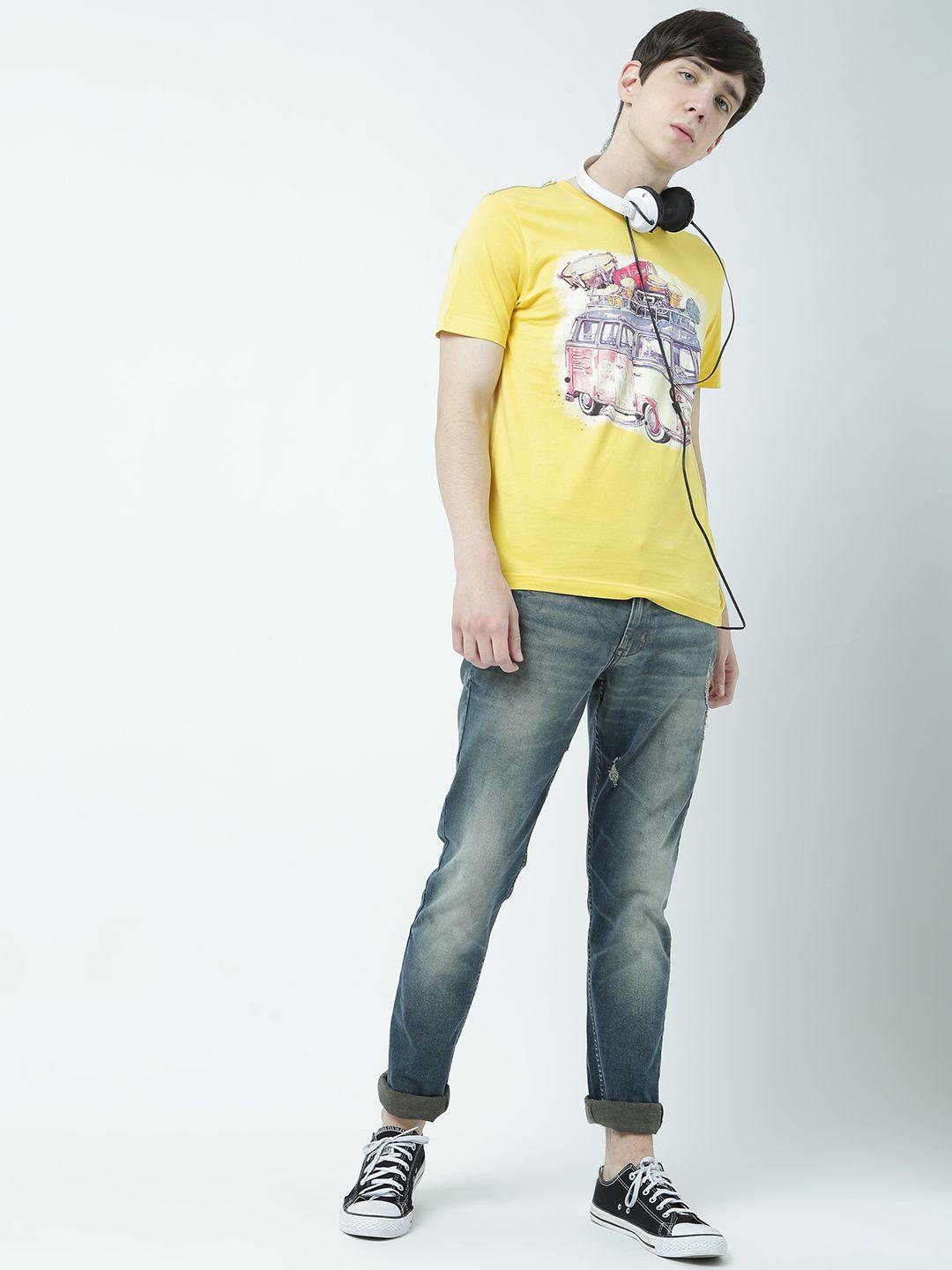 huetrap men yellow printed round neck t-shirt