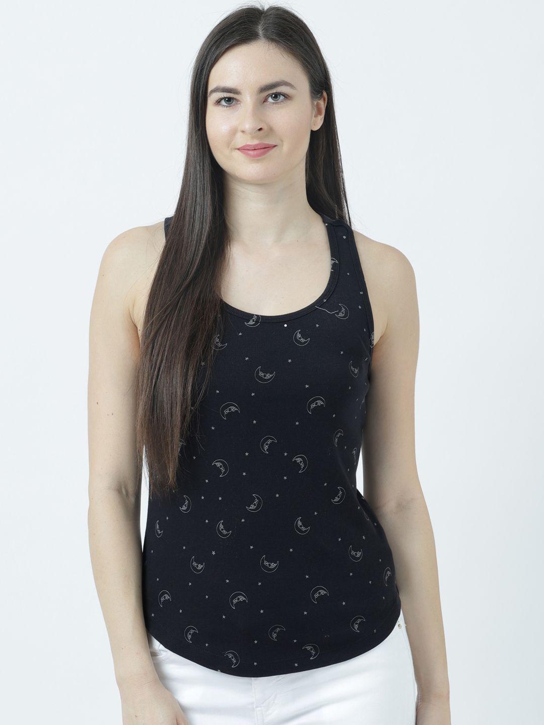 huetrap women black printed tank pure cotton top