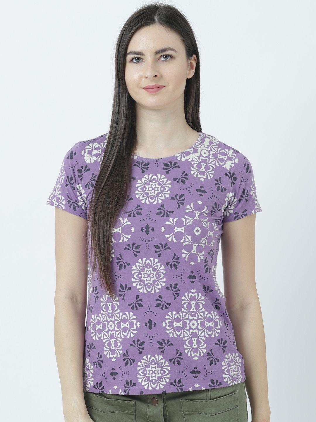 huetrap women lavender printed round neck t-shirt