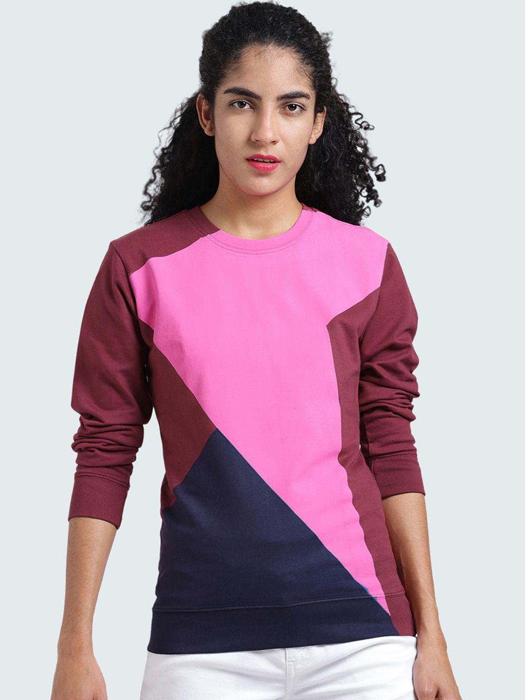 huetrap women maroon & pink colourblocked sweatshirt