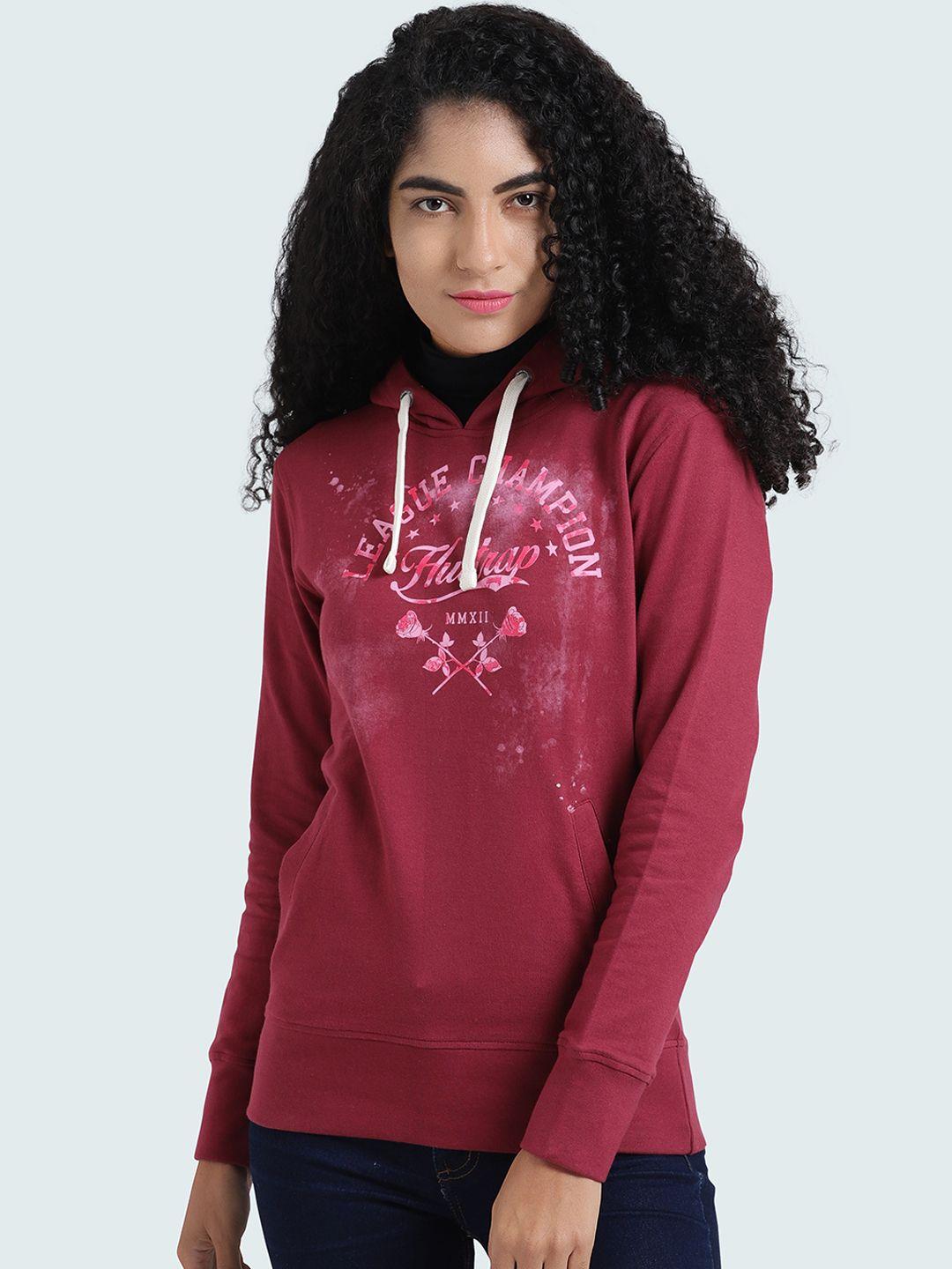 huetrap women maroon printed hooded sweatshirt