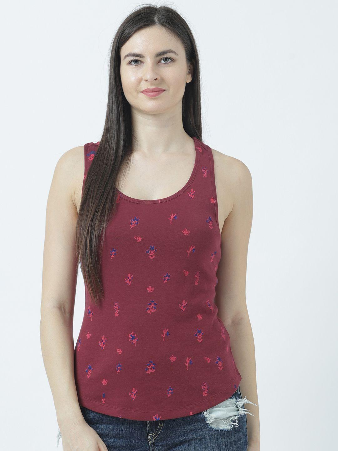 huetrap women maroon printed tank pure cotton top