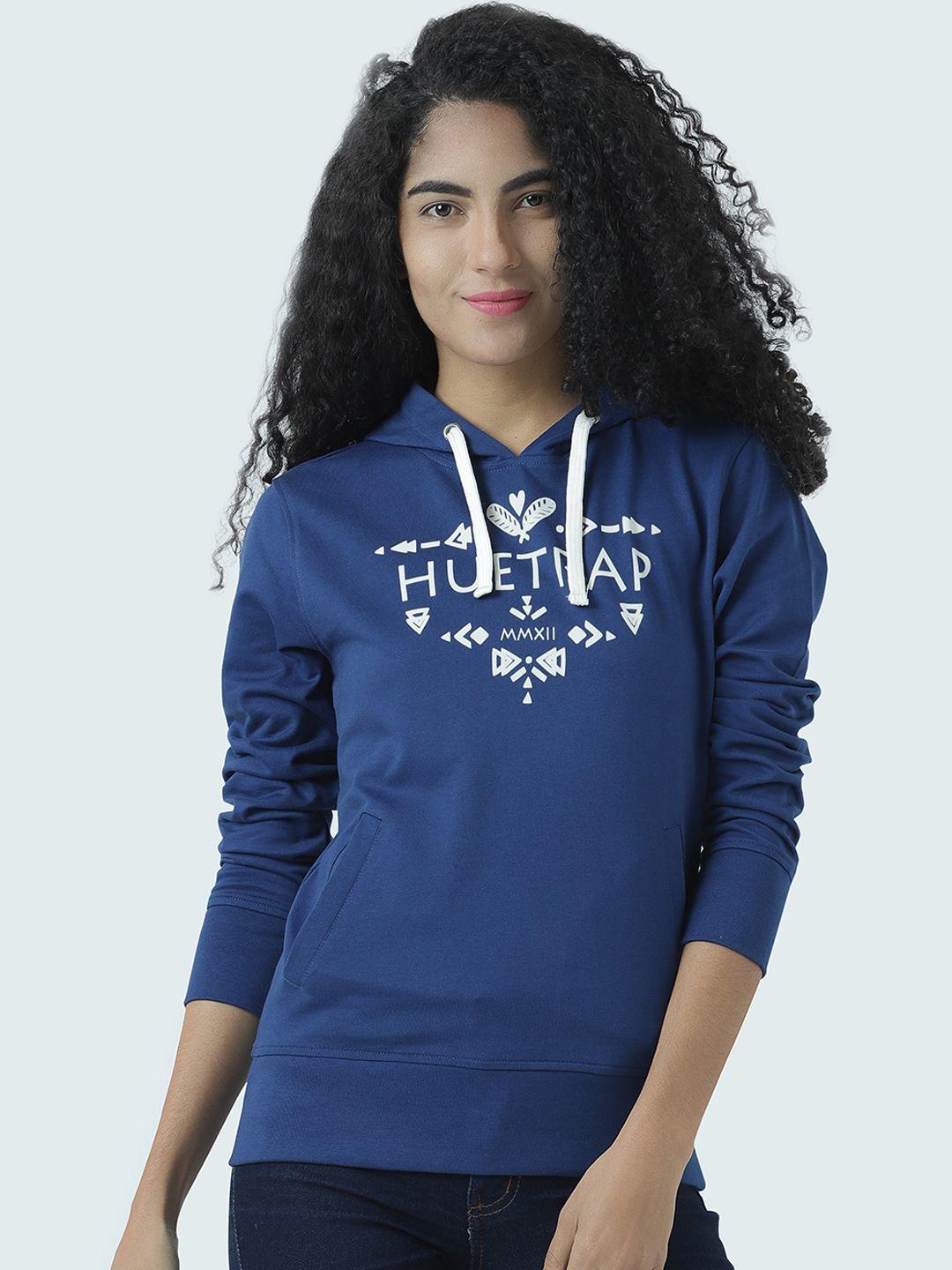 huetrap women navy blue printed hooded sweatshirt