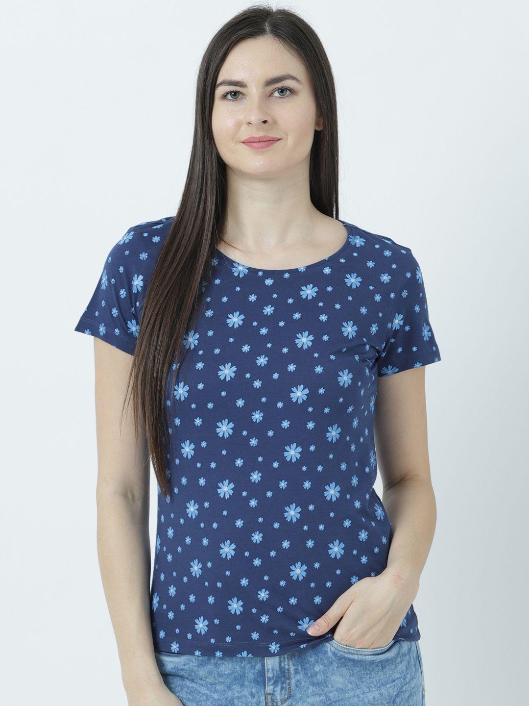 huetrap women navy blue printed round neck t-shirt