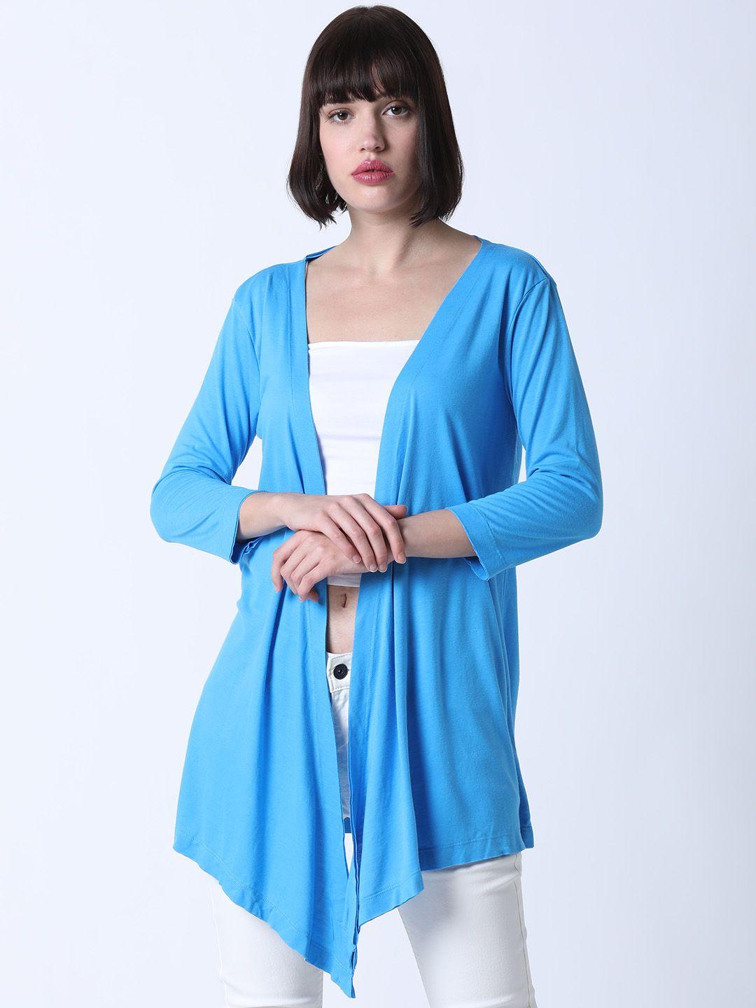 huetrap women turquoise blue solid open front shrug