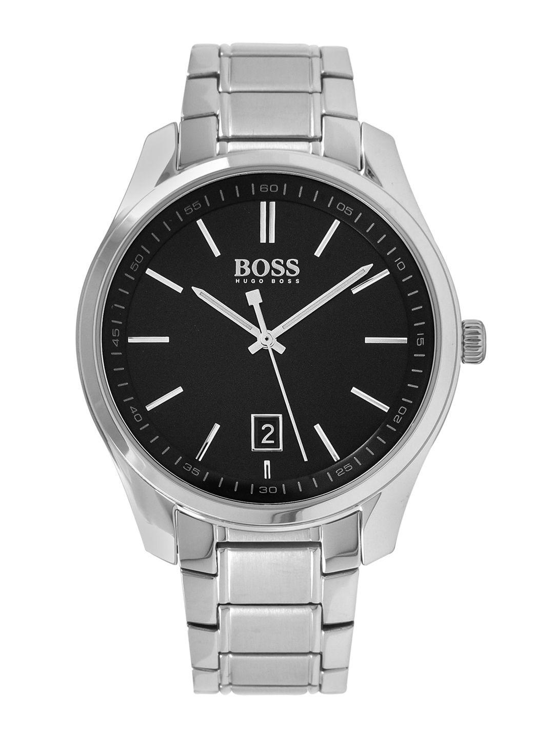hugo boss men black & silver-toned analogue watch 1513730