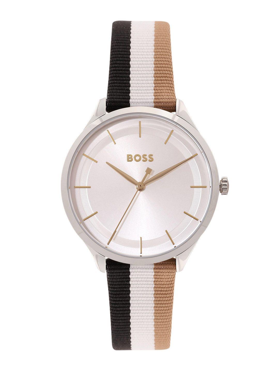 hugo boss women pura solid dial & leather striped strap analogue watch 1502694