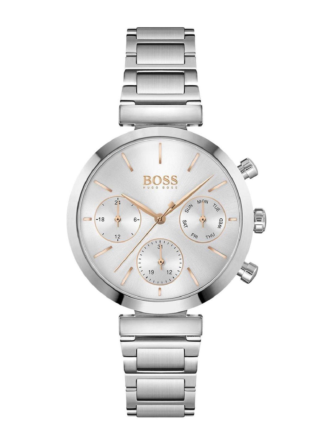 hugo boss women silver-toned dial & silver toned stainless steel bracelet style straps analogue watch