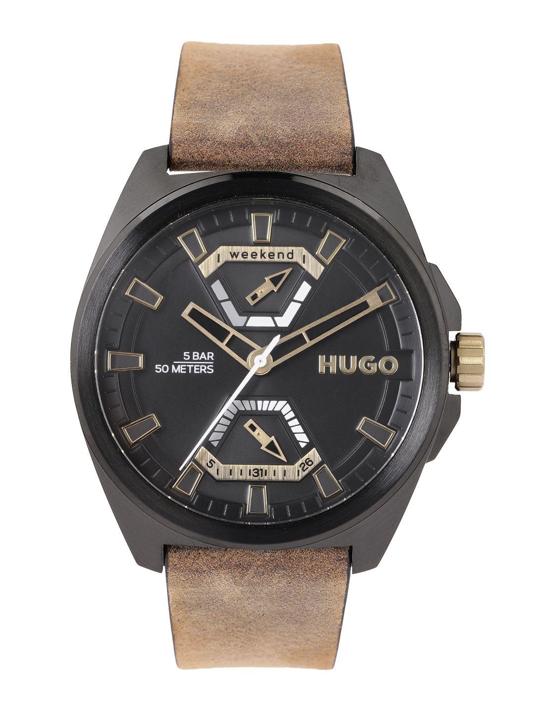 hugo men black leather expose multi function analogue watch 1530241-black