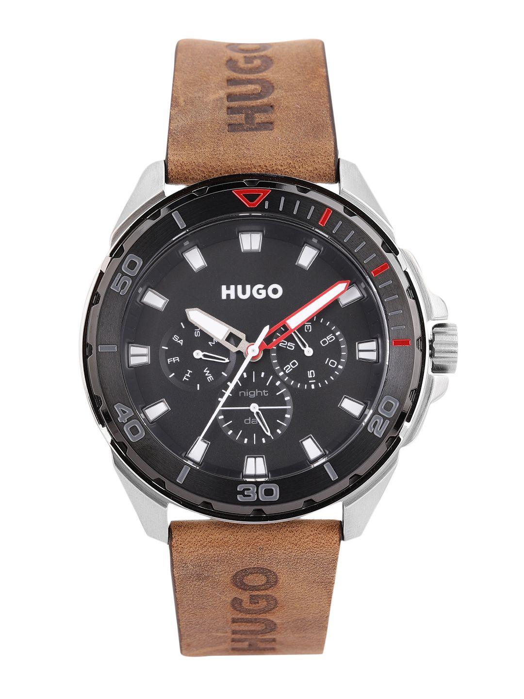 hugo men black leather multi function watch 1530285-black