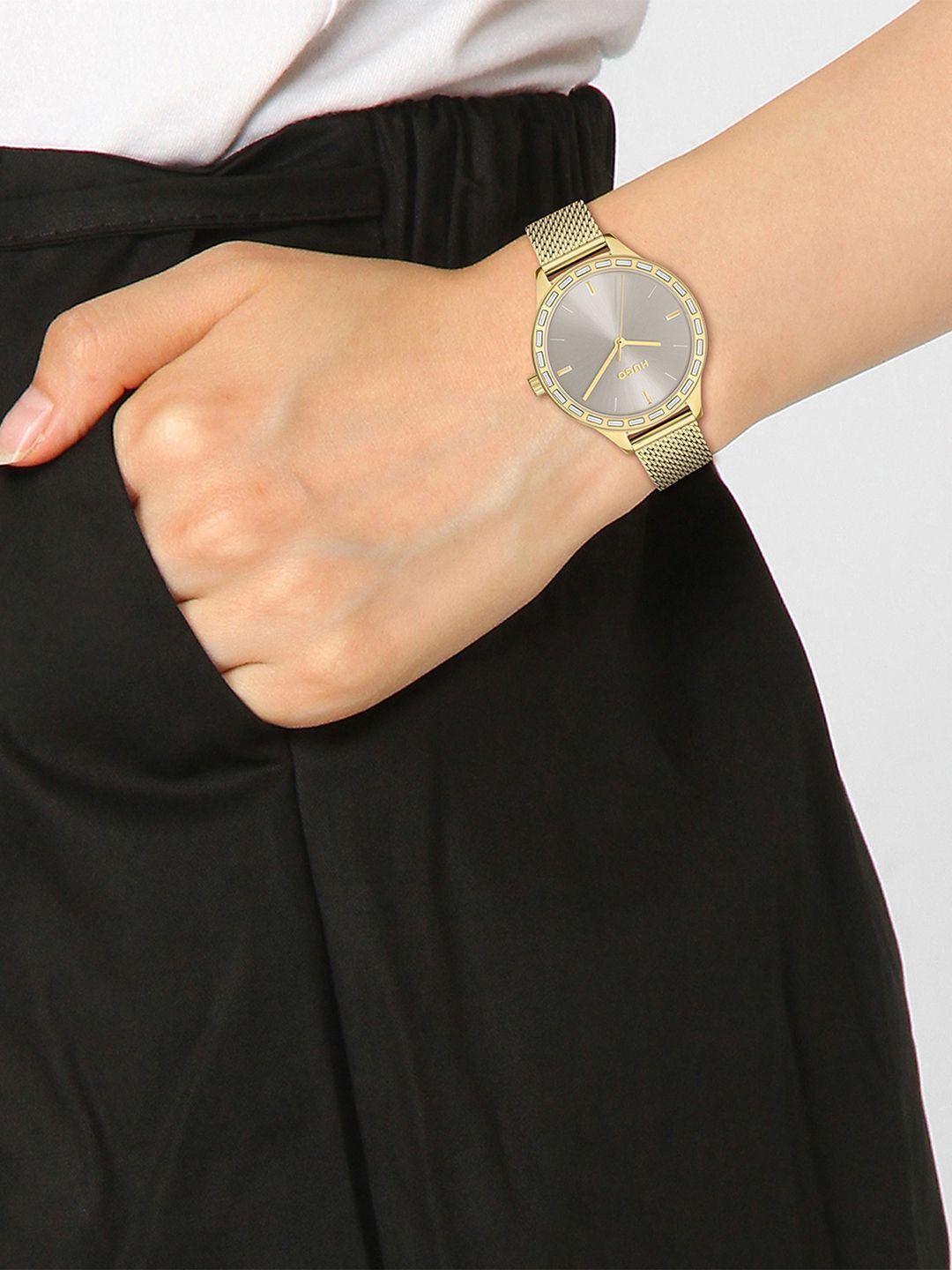 hugo women flash grey embellished dial & gold toned analogue watch 1540116