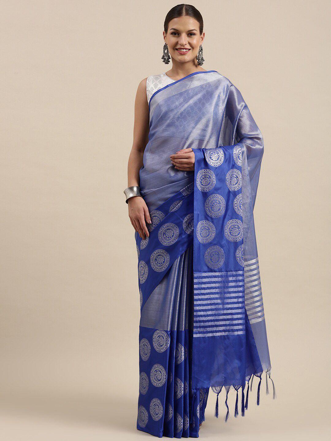 humairah blue & silver-toned woven design zari silk blend kanjeevaram saree