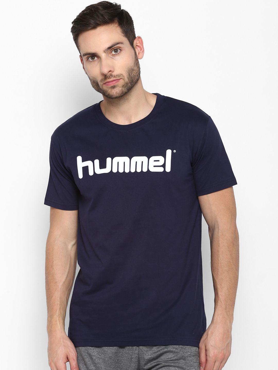 hummel men navy blue printed round neck t-shirt