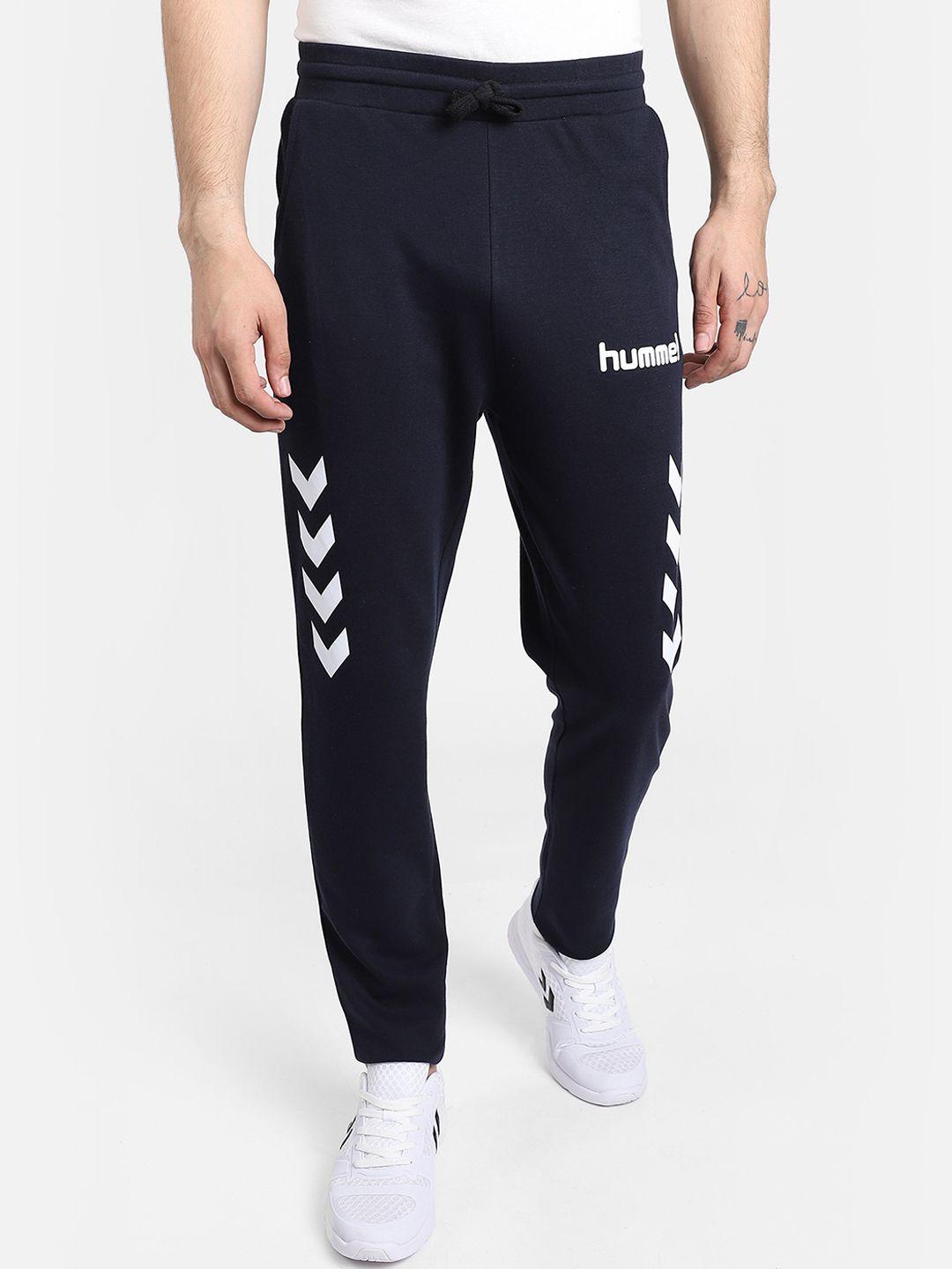 hummel men navy blue solid straight-fit track pants