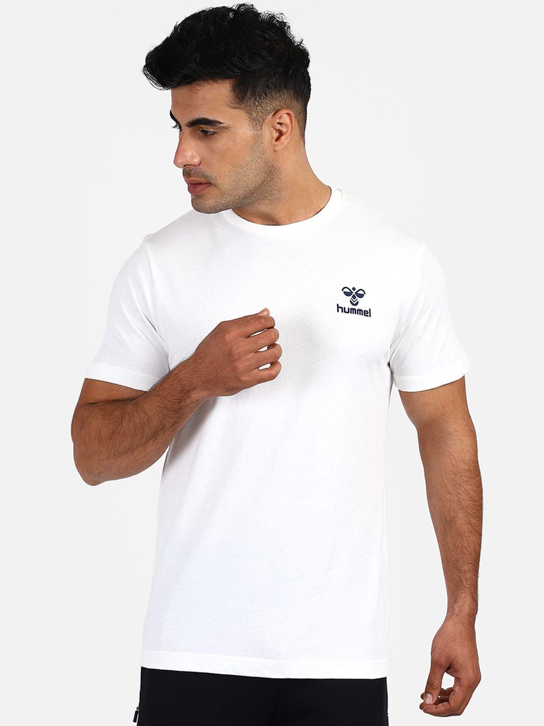hummel men white solid round neck t-shirt