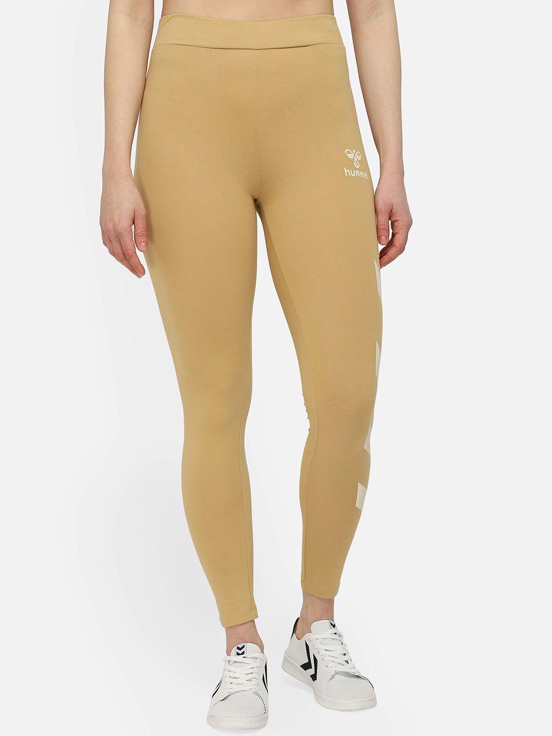 hummel women beige solid high rise casual tights