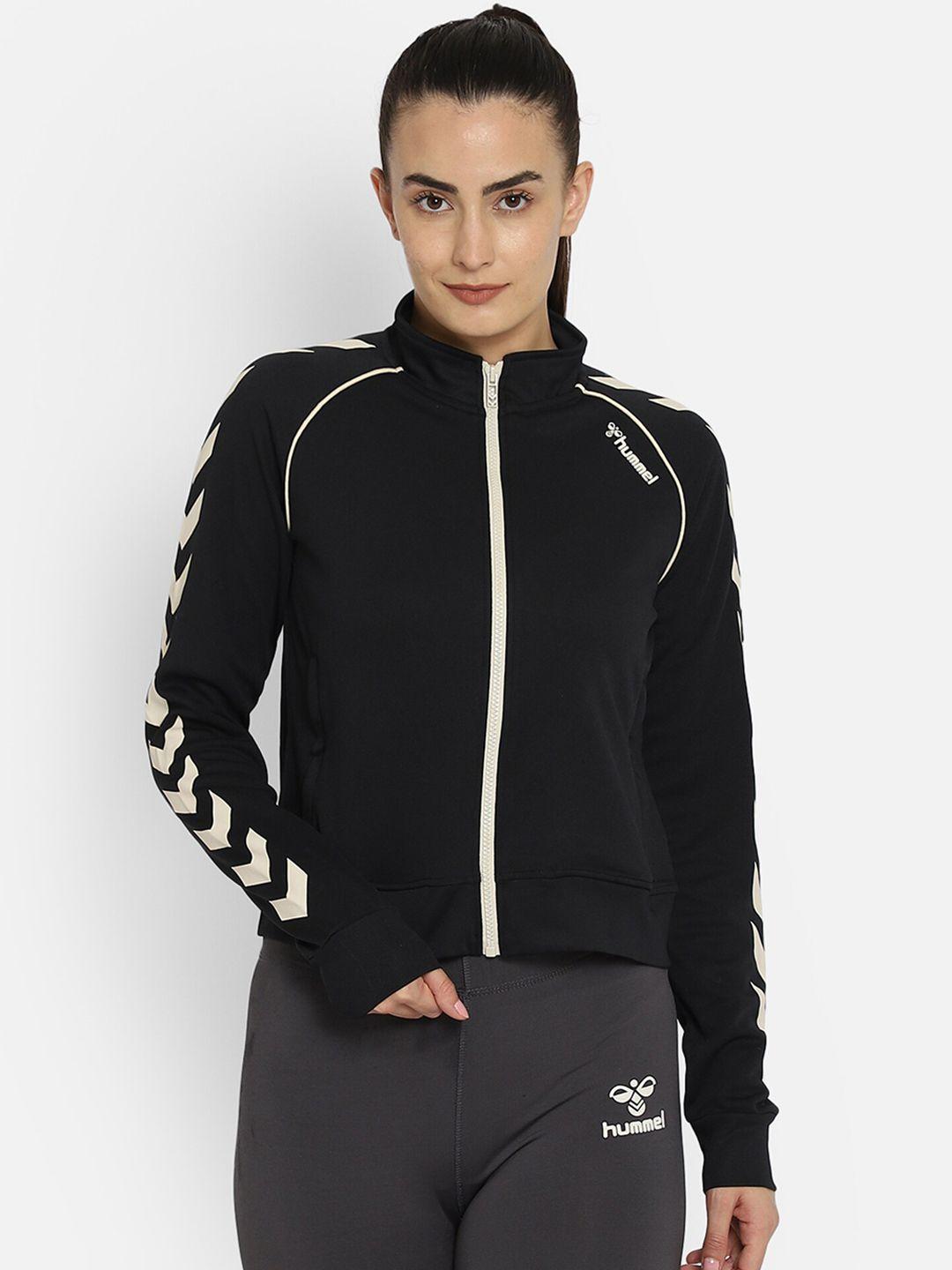 hummel women black & off white geometric sporty jacket
