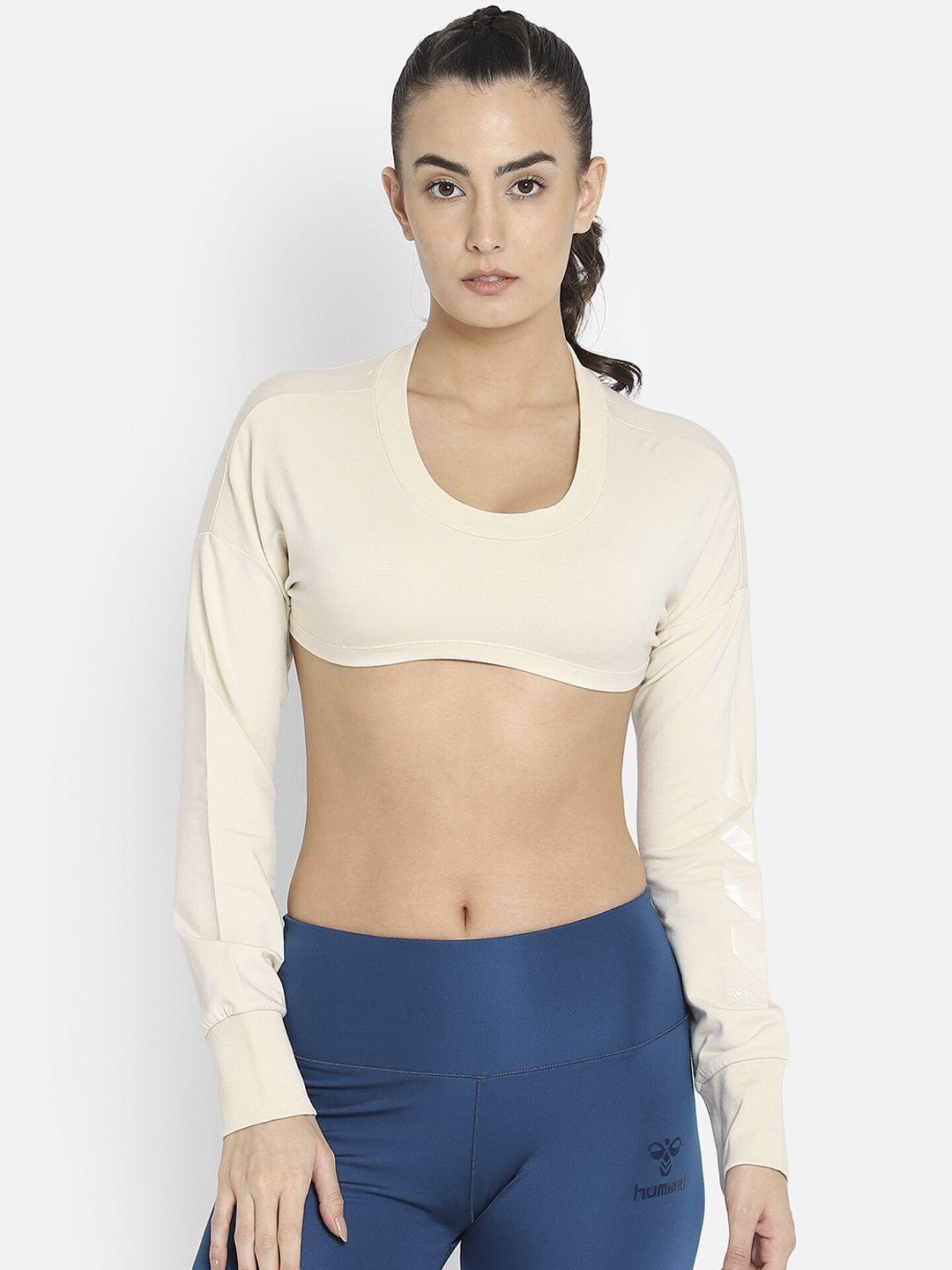 hummel women cream-coloured cotton solid cropped sweatshirt