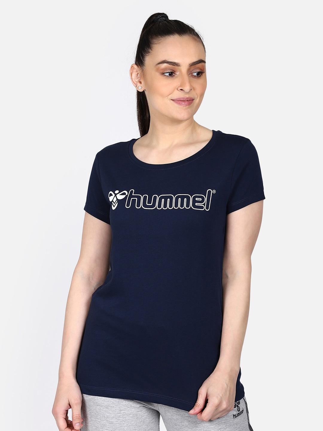 hummel women navy blue brand logo printed pure cotton t-shirt