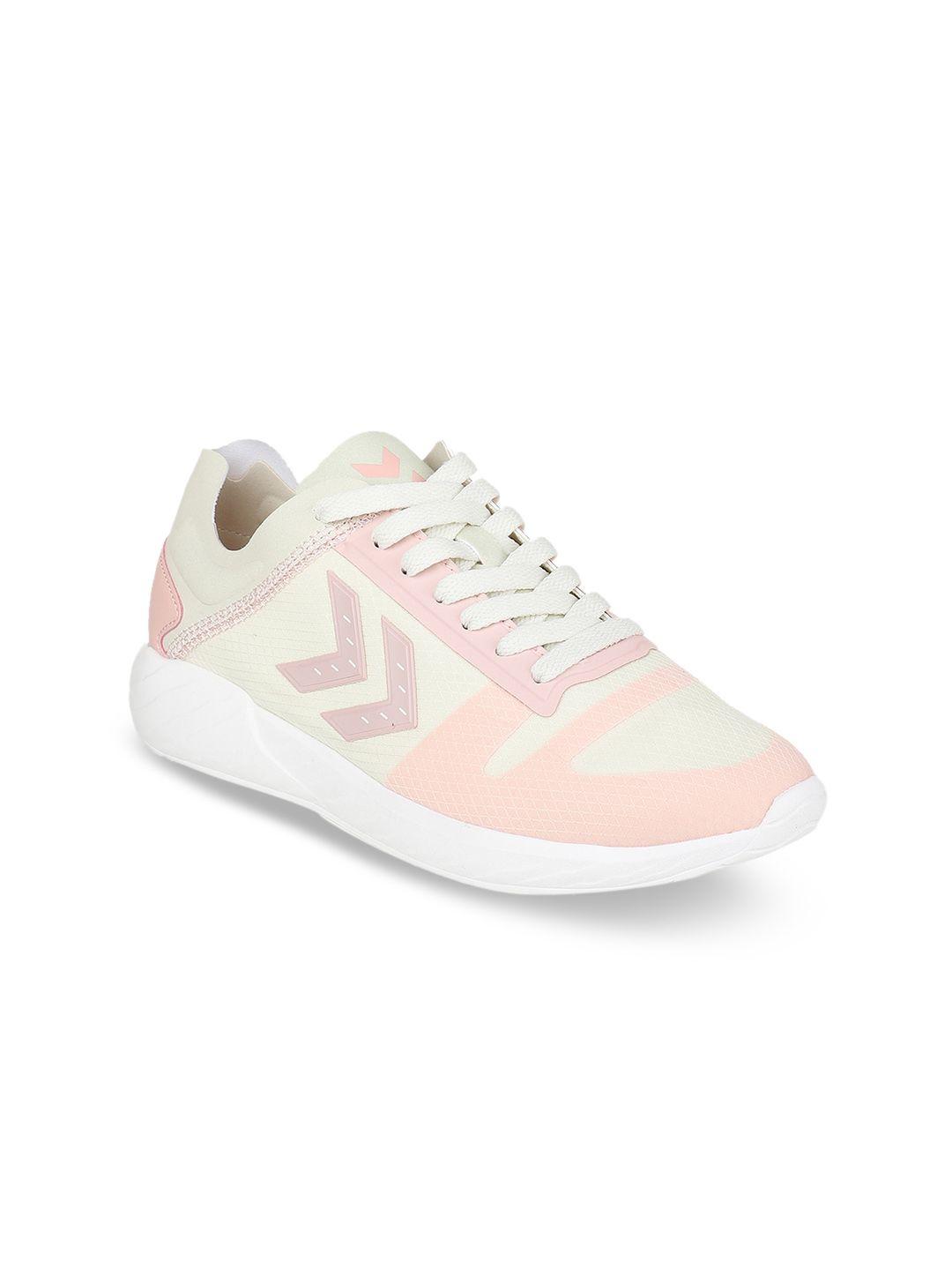 hummel women off white & pink colourblocked pu sneakers
