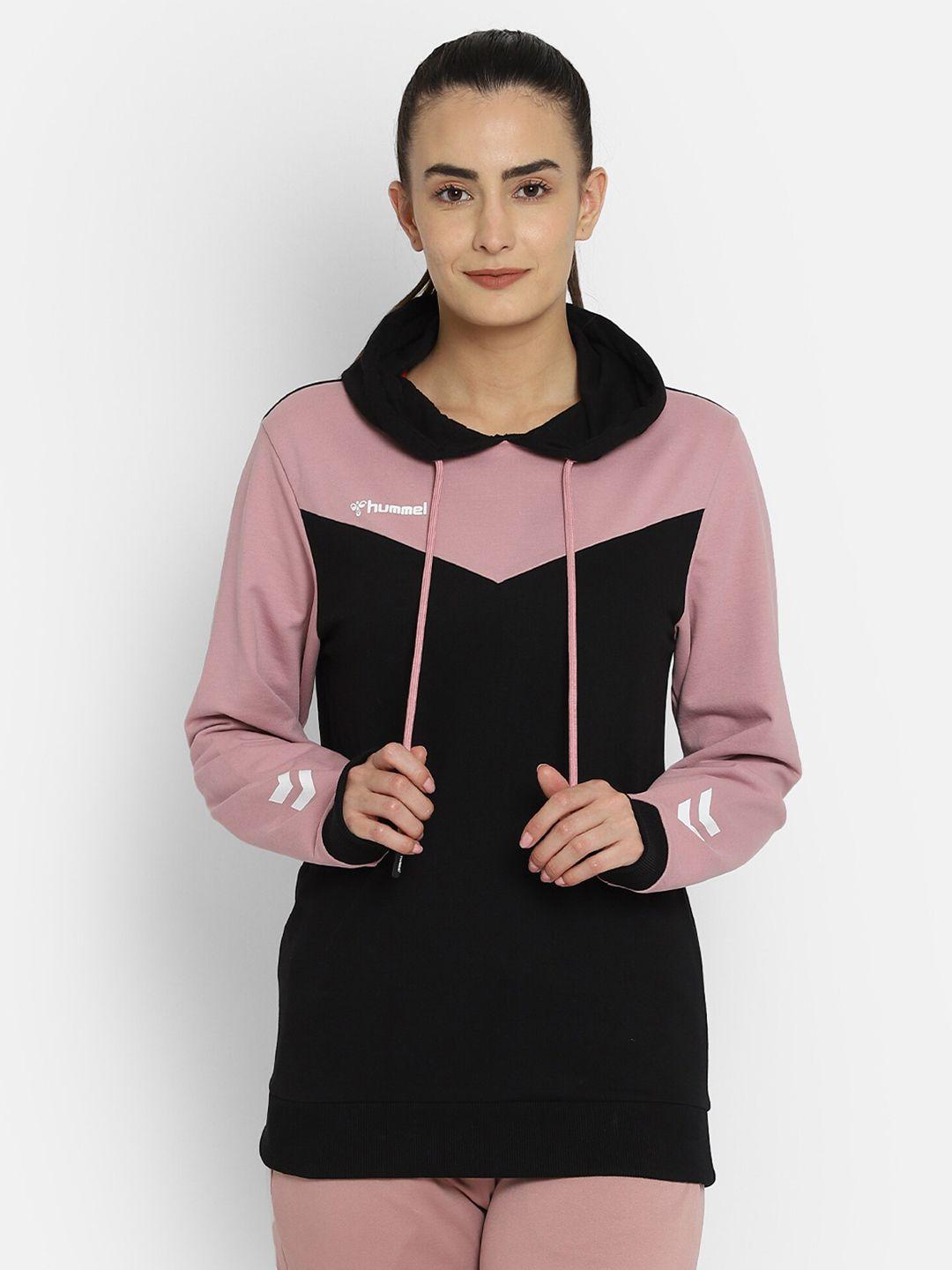 hummel women pink & black colourblocked longline hooded sweatshirt
