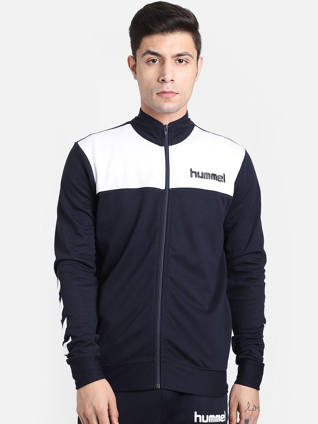 hummel men navy blue & white colourblocked sporty jacket