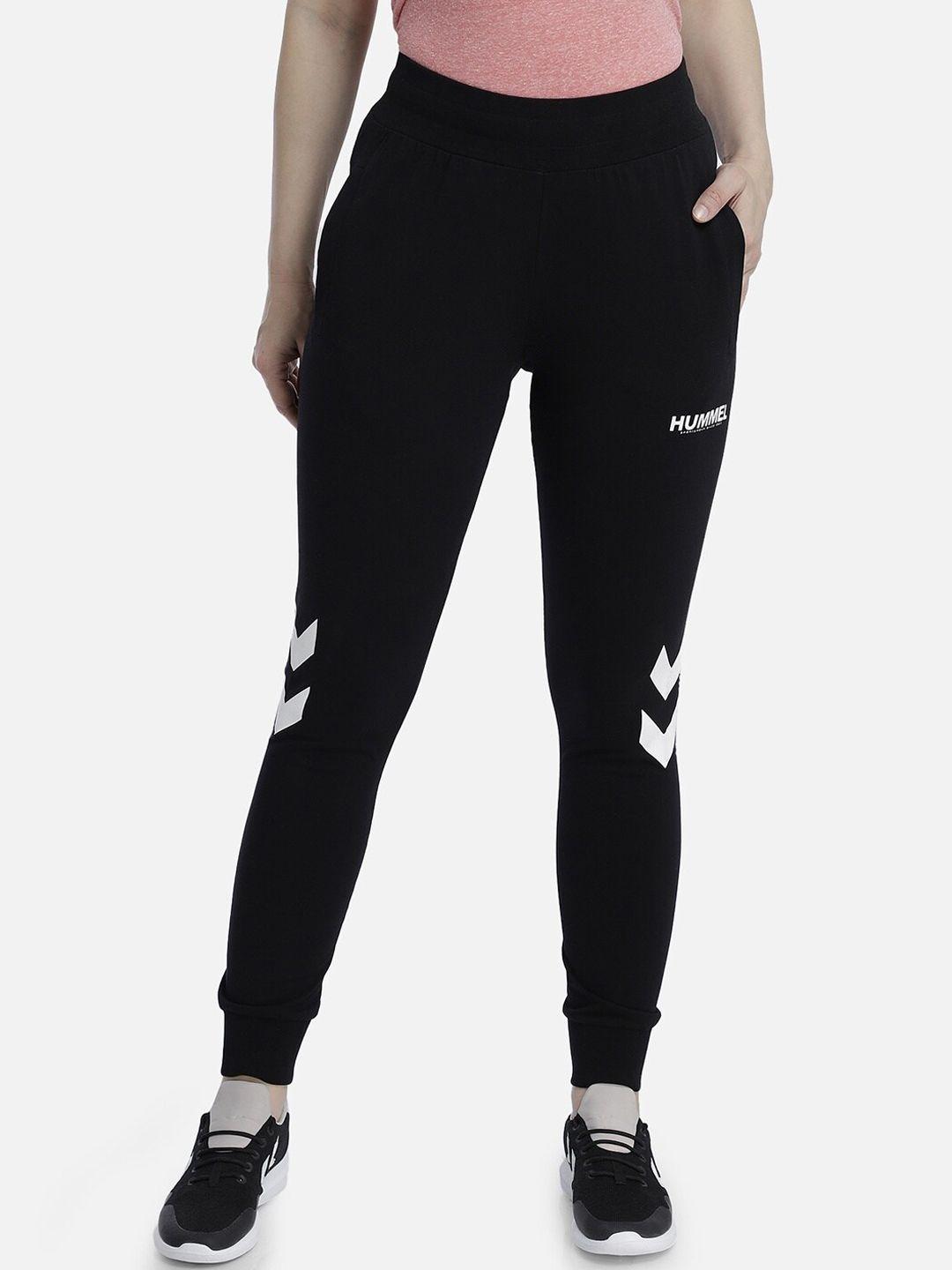 hummel women black solid pure cotton tapered regular-fit track pants