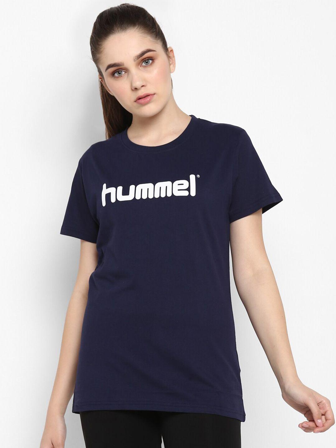 hummel women navy blue brand logo printed pure cotton t-shirt