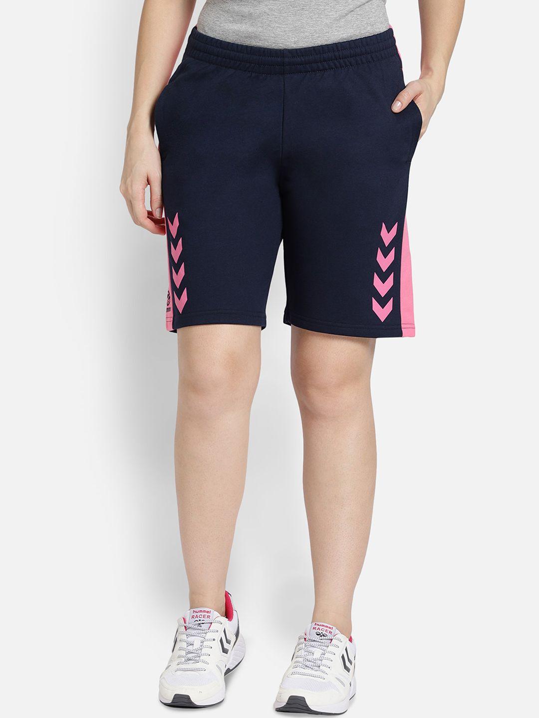 hummel women navy blue printed action cotton sports shorts