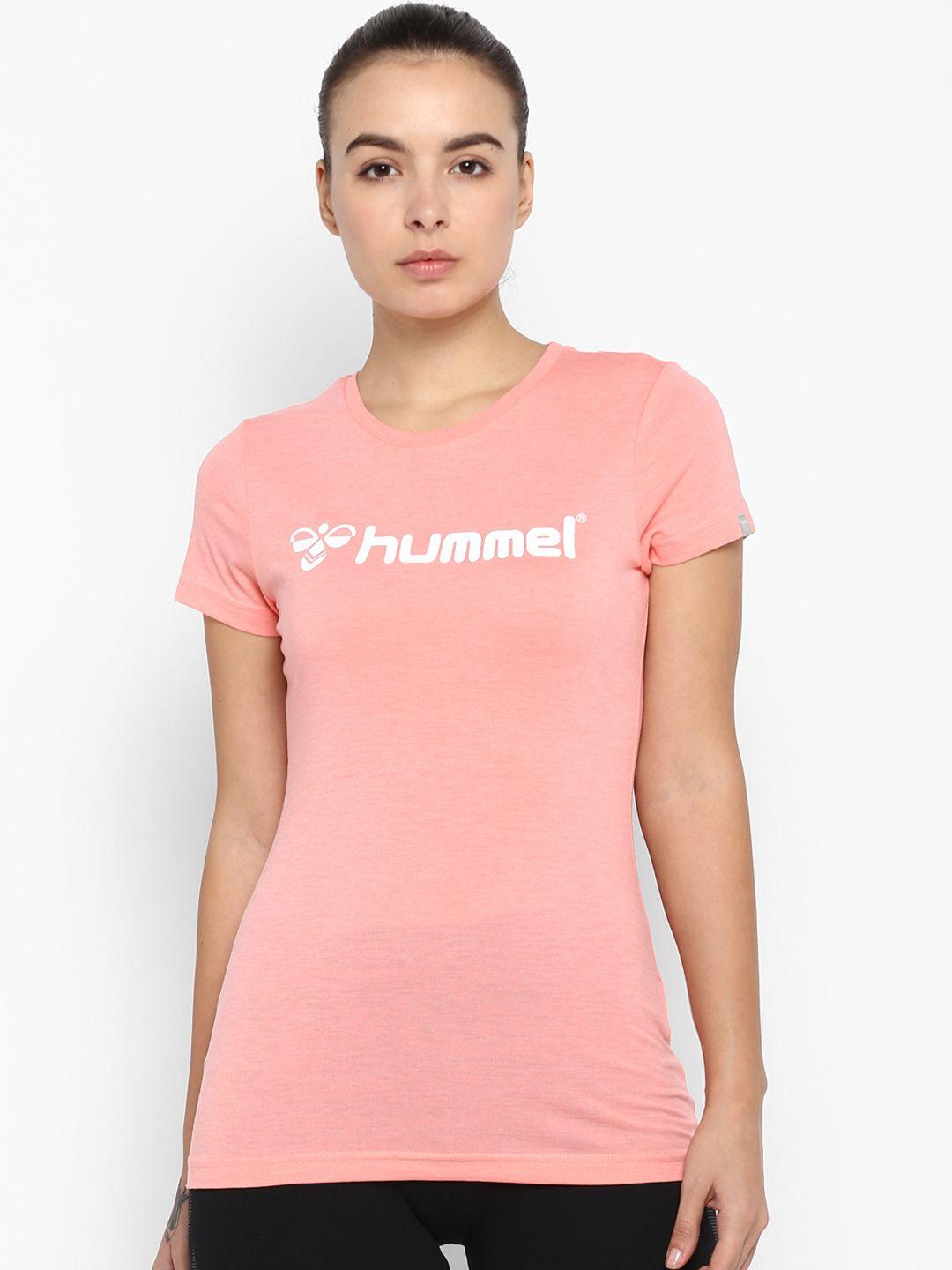 hummel women peach-coloured printed round neck t-shirt