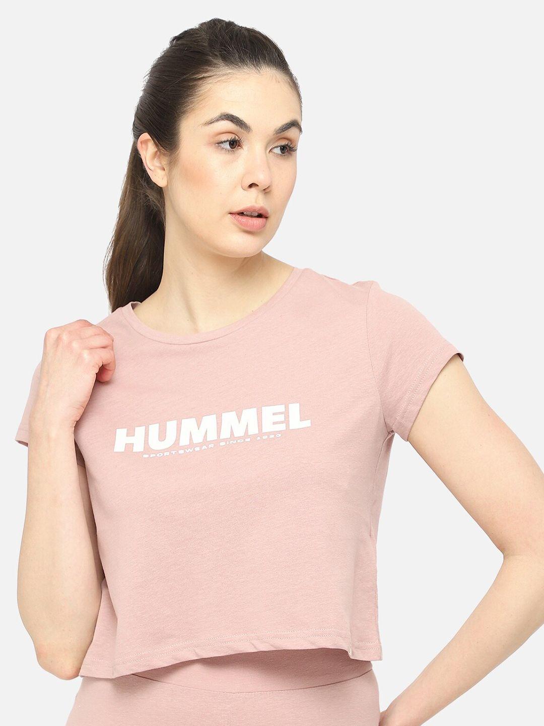 hummel women pink typography printed pure cotton crop t-shirt