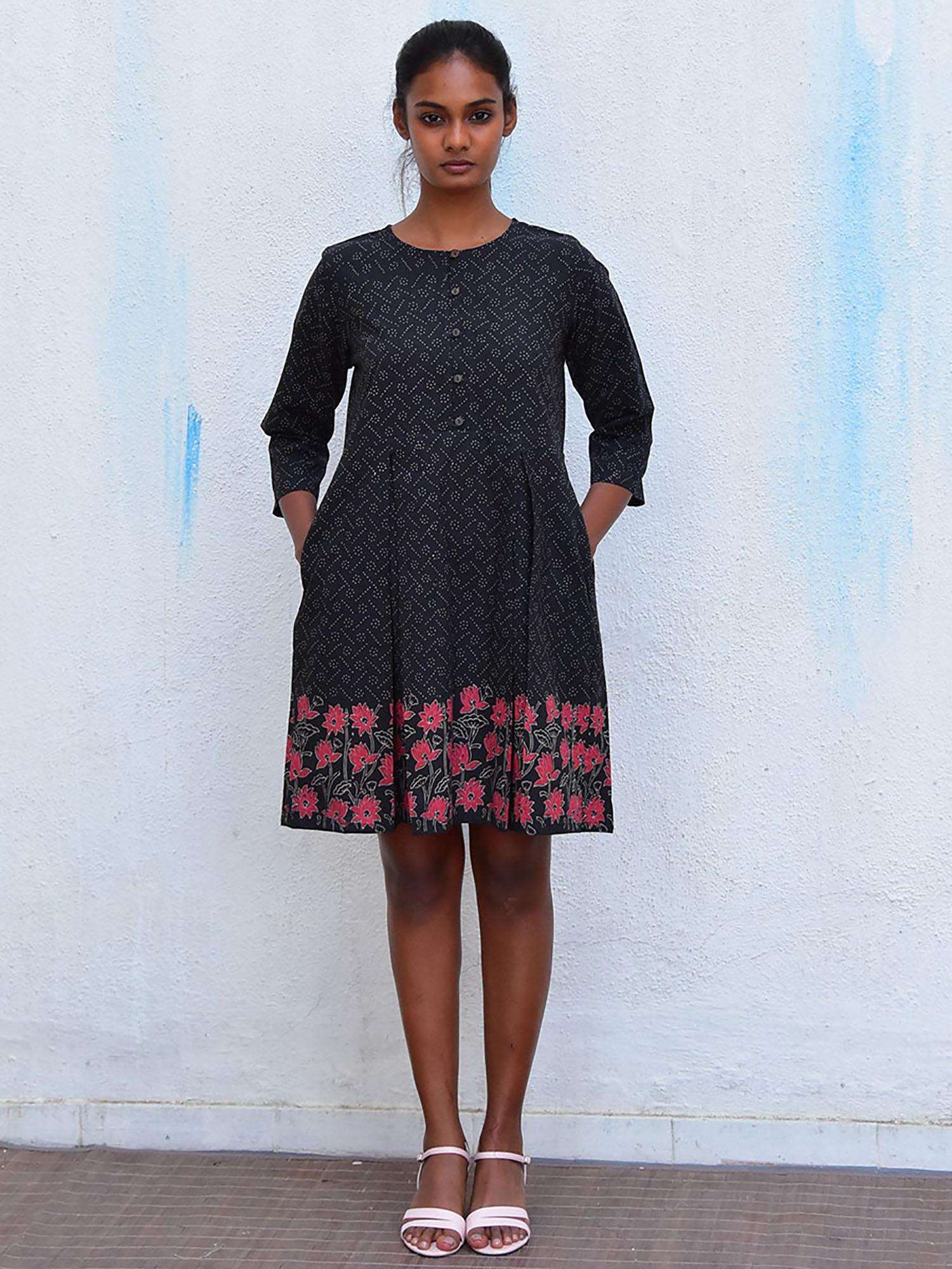 humming bird azure whispers black hand block printed cotton dress