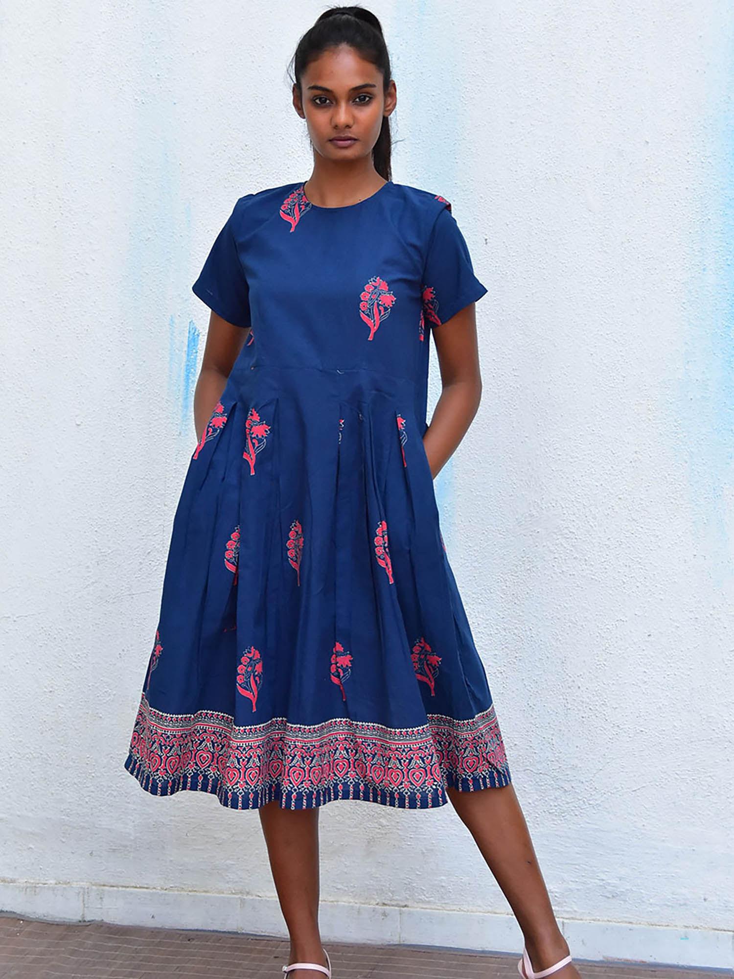 humming bird enchanting aura blue handblock printed cotton dress