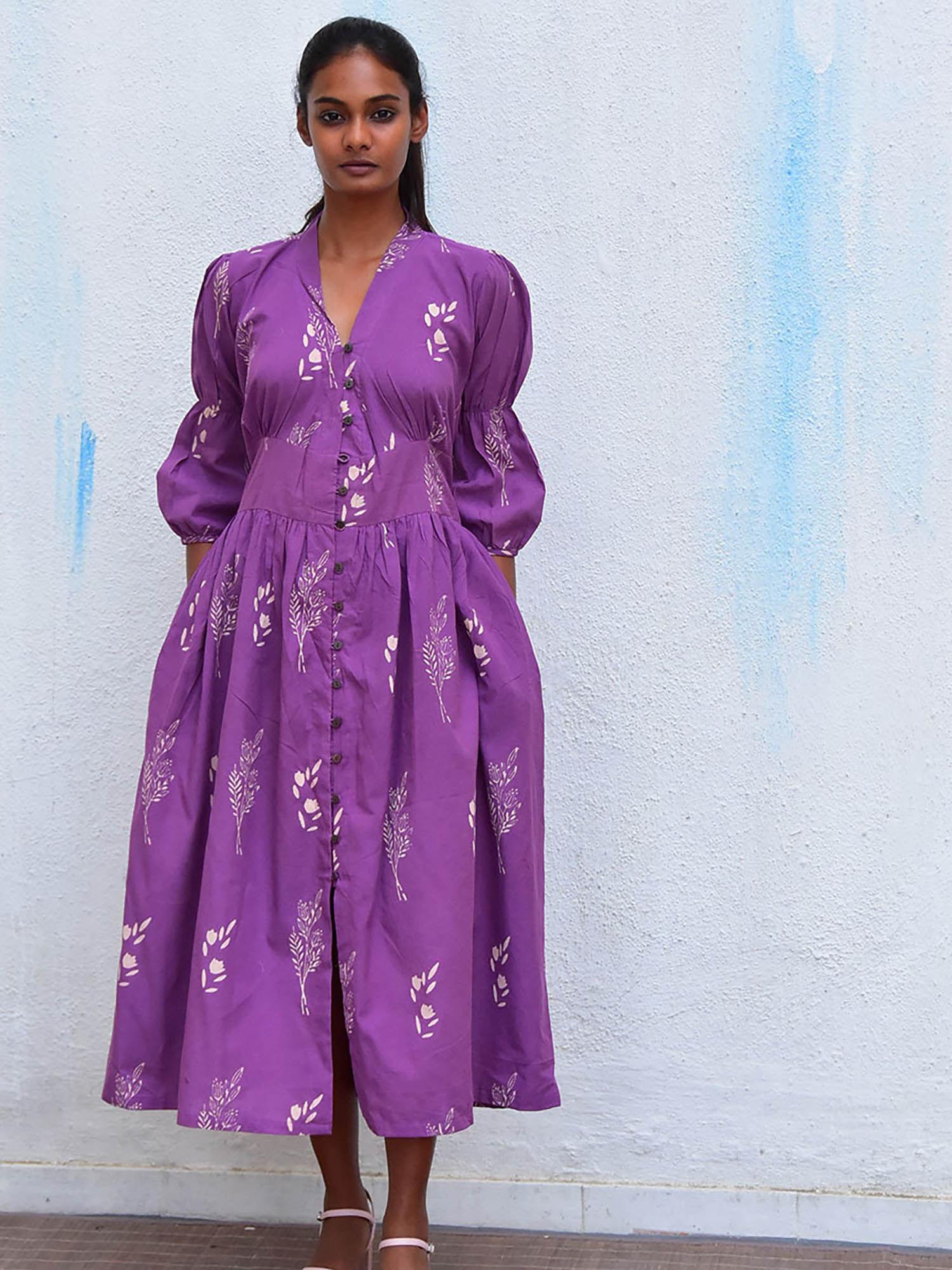 humming bird melody purple handblock printed cotton dress