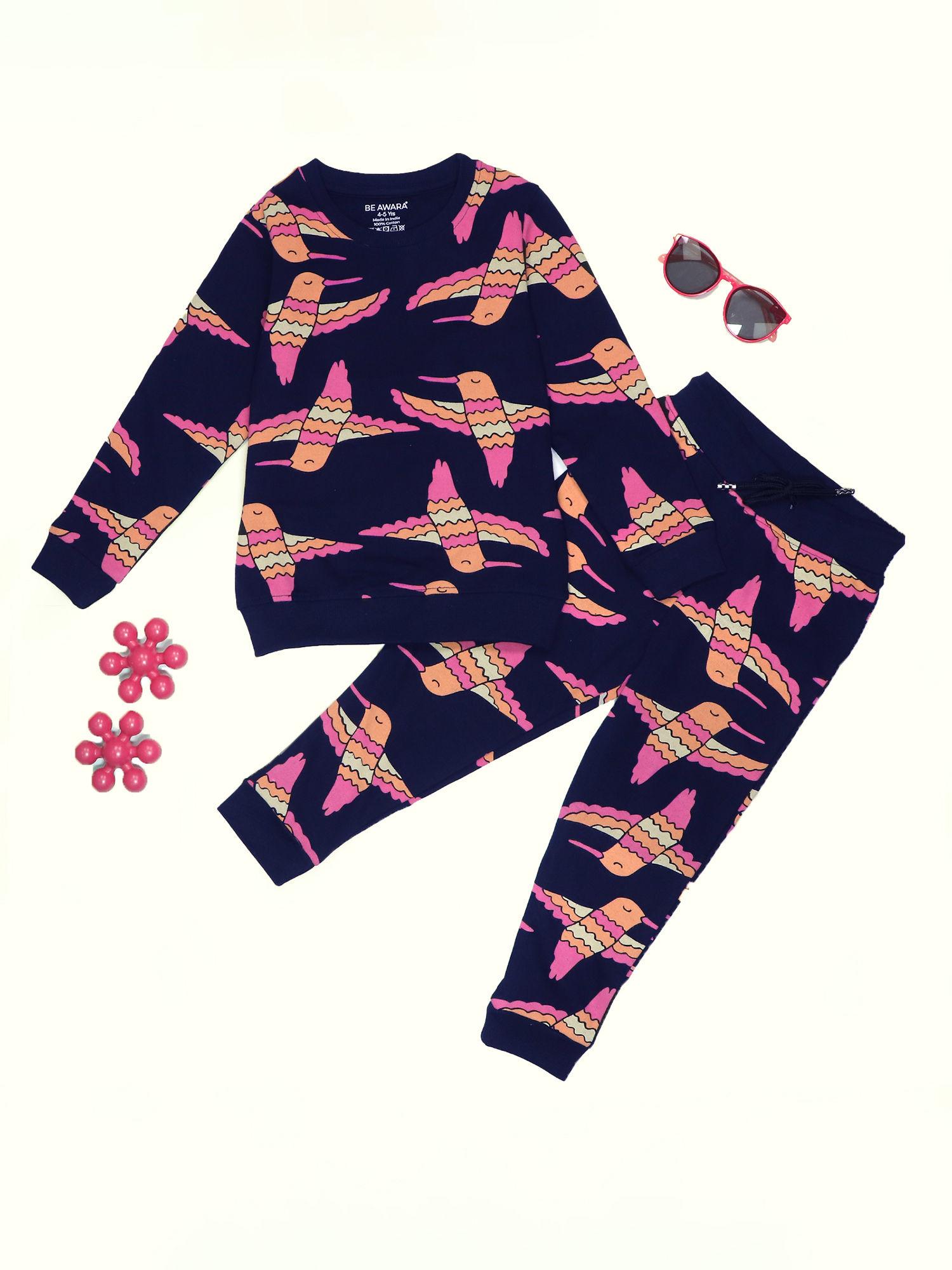 hummingbird pattern kids sweatshirt & joggers navy blue (set of 2)