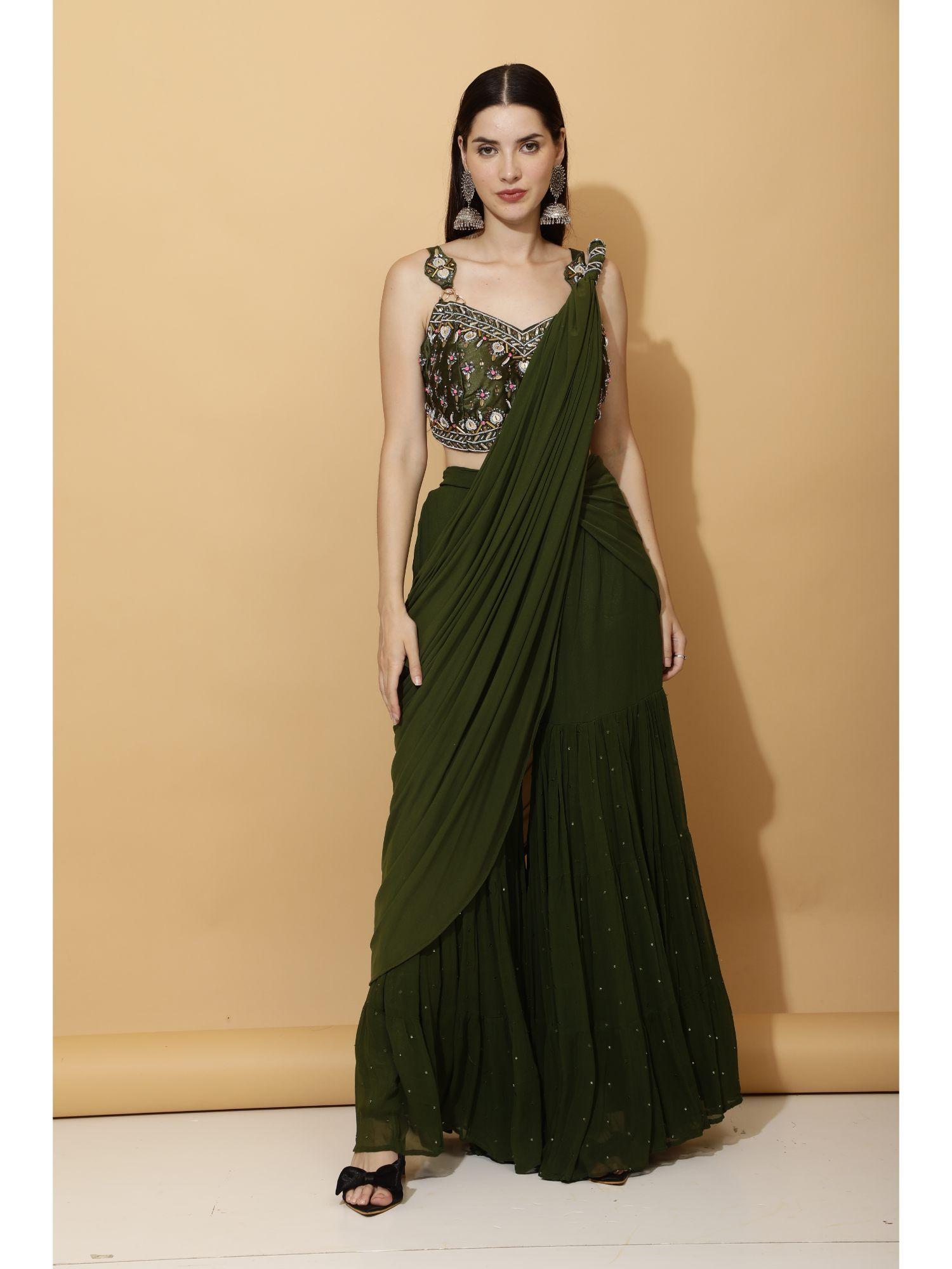 hunter green crop top with palazzo saree