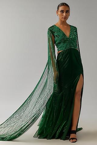 hunter green shimmer crepe floral hand embellished gown