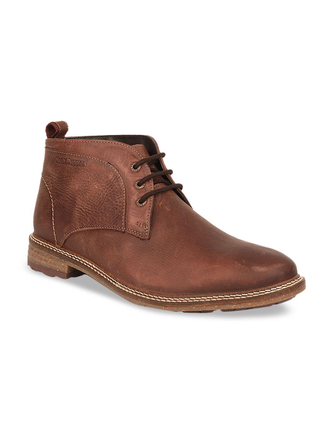 hush puppies men brown solid leather mid-top flat boots