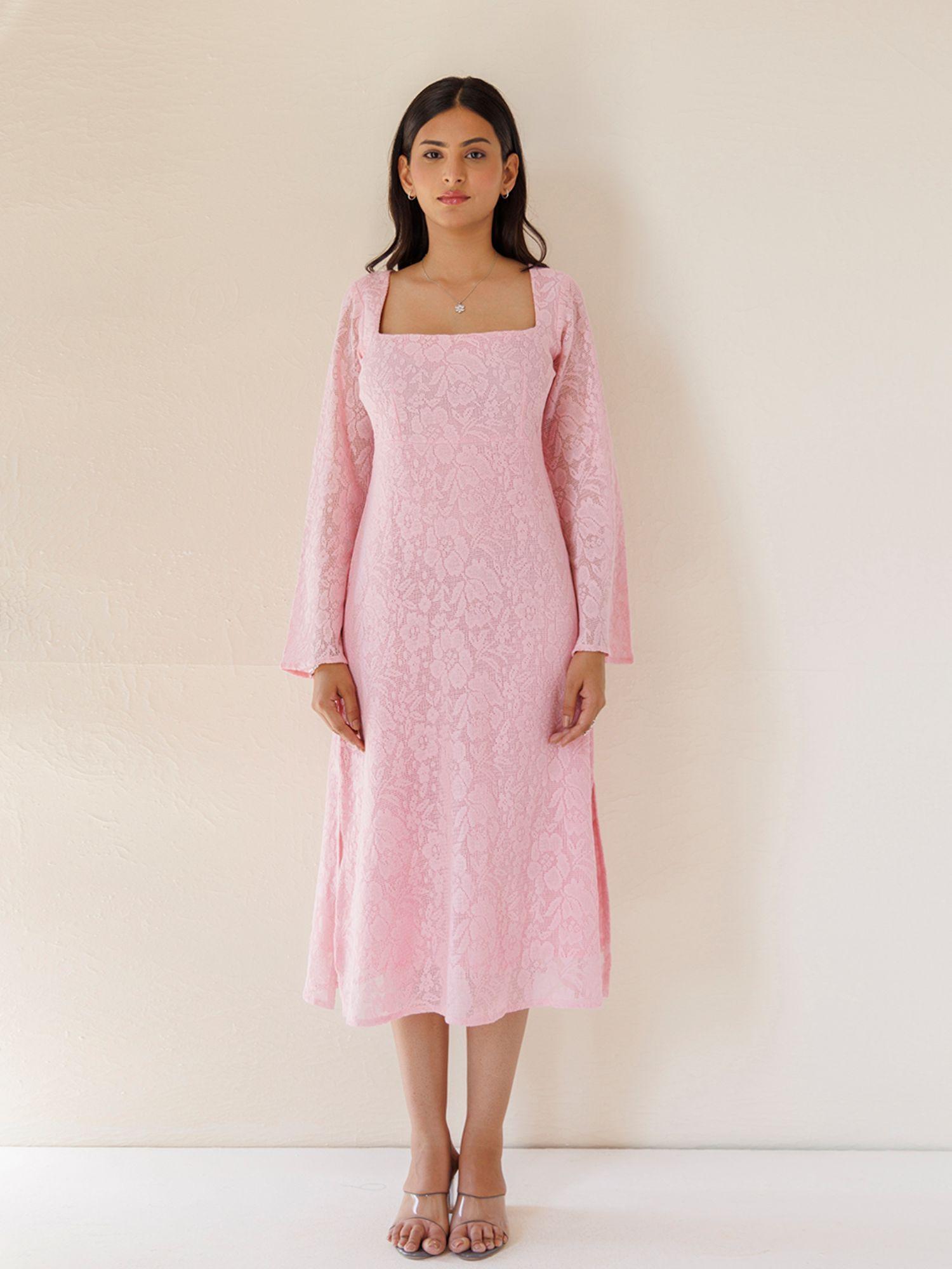 hyacinth pink cotton embroidered net midi dress