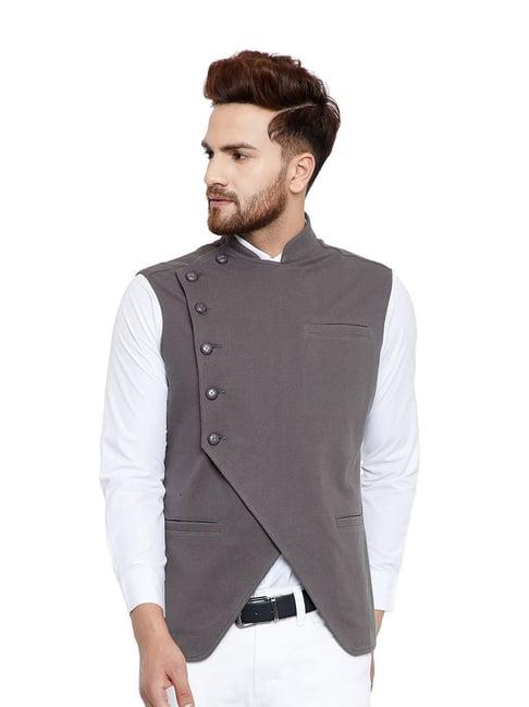 hypernation grey mandarin collar cotton slim fit waistcoat