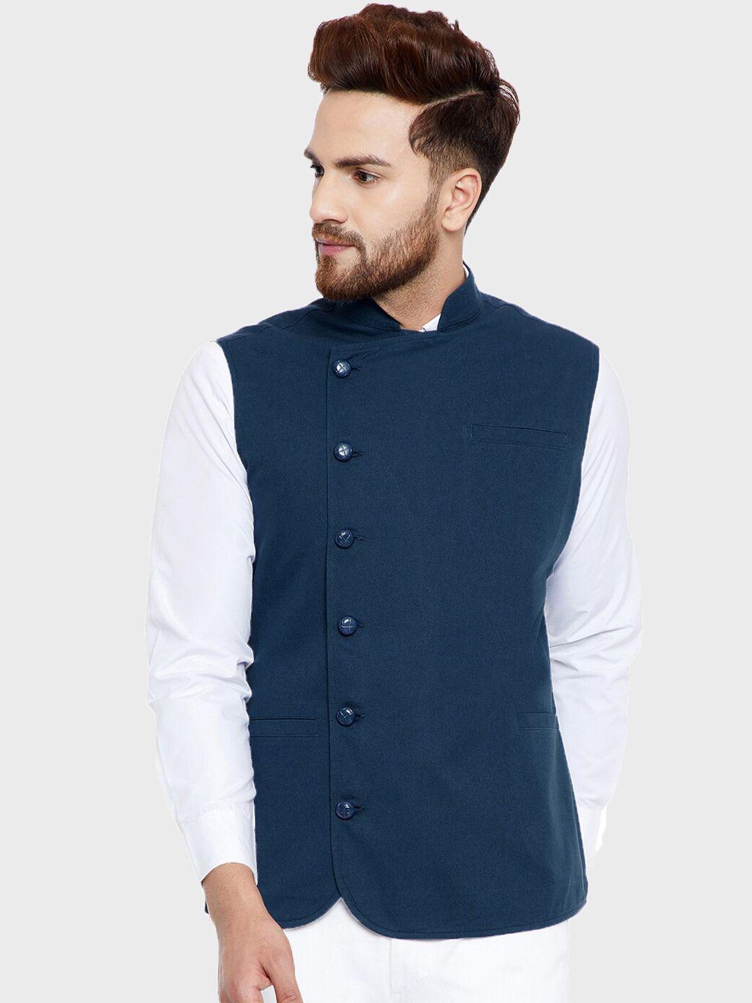 hypernation-men-teal-blue-solid-mandarin-collar-nehru-jacket
