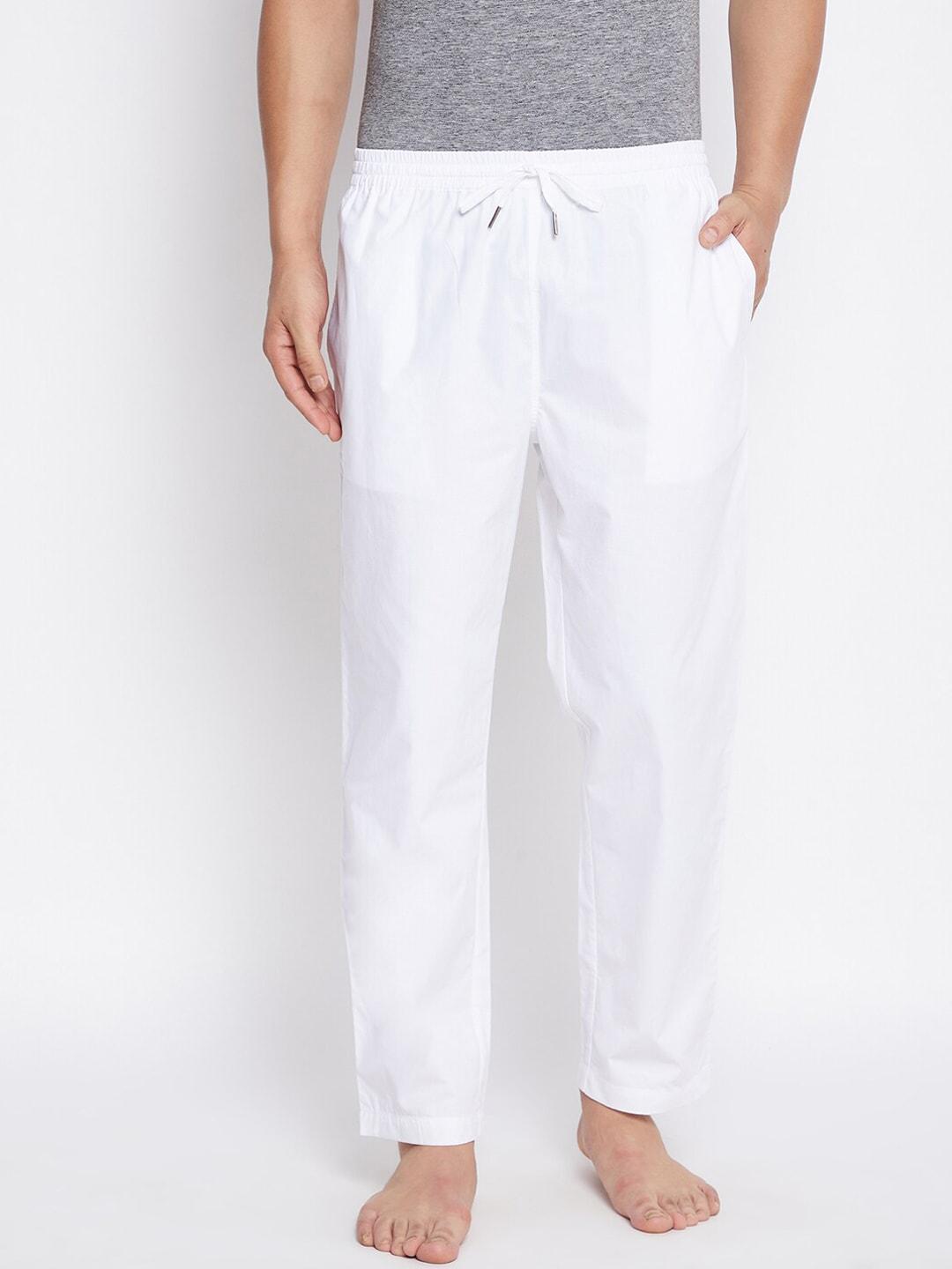 hypernation men white solid pure cotton lounge pants
