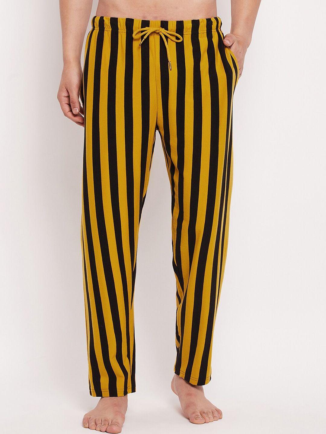 hypernation men yellow & black striped pure cotton lounge pants