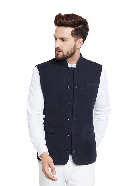 hypernation navy sleeveless cotton solid waistcoat