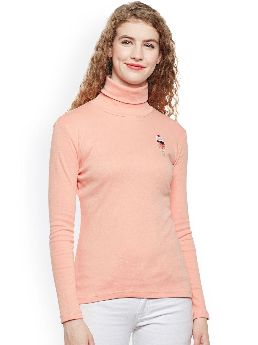 hypernation women peach-coloured solid high neck t-shirt