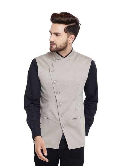 hypernation beige slim fit cotton solid waistcoat
