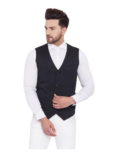 hypernation black cotton regular fit waist coat