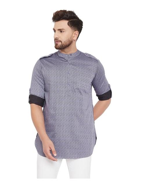 hypernation blue self design mandarin collar kurta