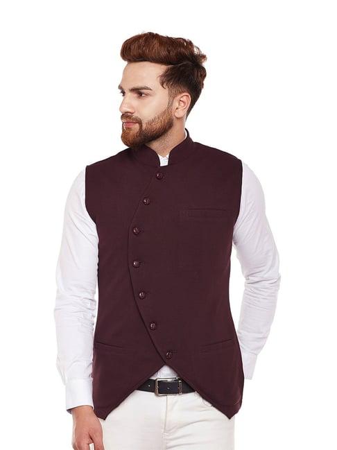 hypernation burgundy slim fit solid cotton waistcoat