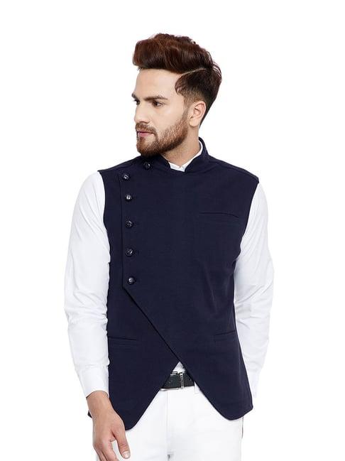 hypernation dark blue slim fit mandarin collar waistcoat